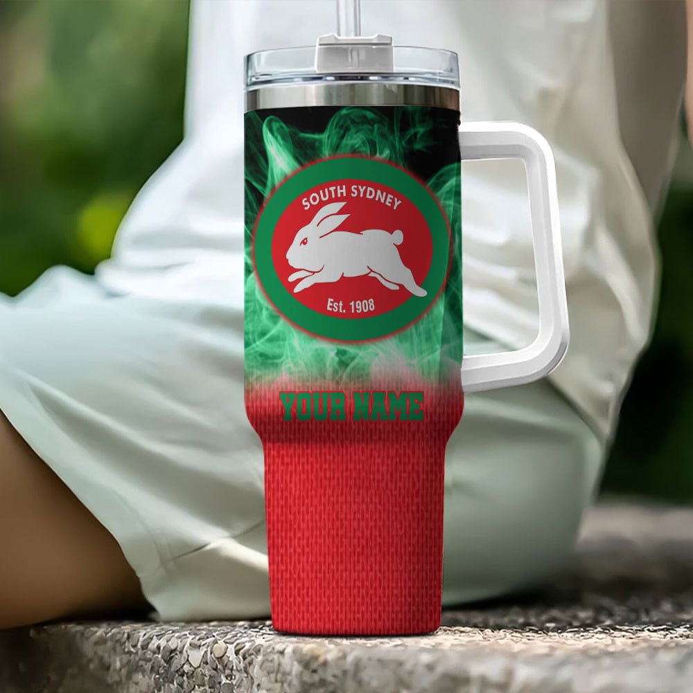 South Sydney Rabbitohs NRL Flame Effect Custom Stanley Quencher 40oz Stainless Steel Tumbler With Handle