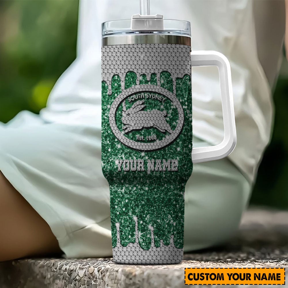 South Sydney Rabbitohs NRL Glitter Custom Stanley Quencher 40oz Stainless Steel Tumbler With Handle