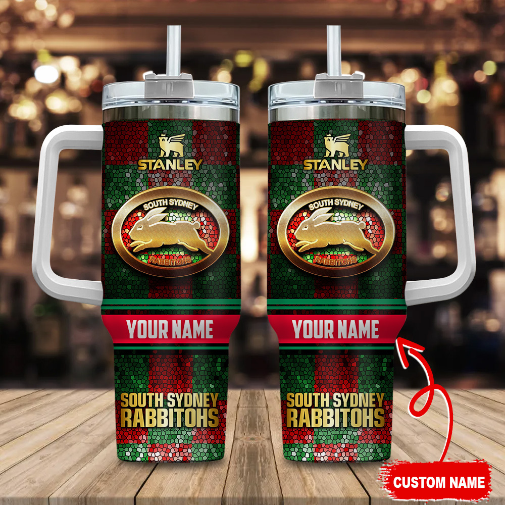 South Sydney Rabbitohs NRL Golden Logo Stained Glass Effect Custom Stanley Quencher 40oz Stainless Steel Tumbler With Handle