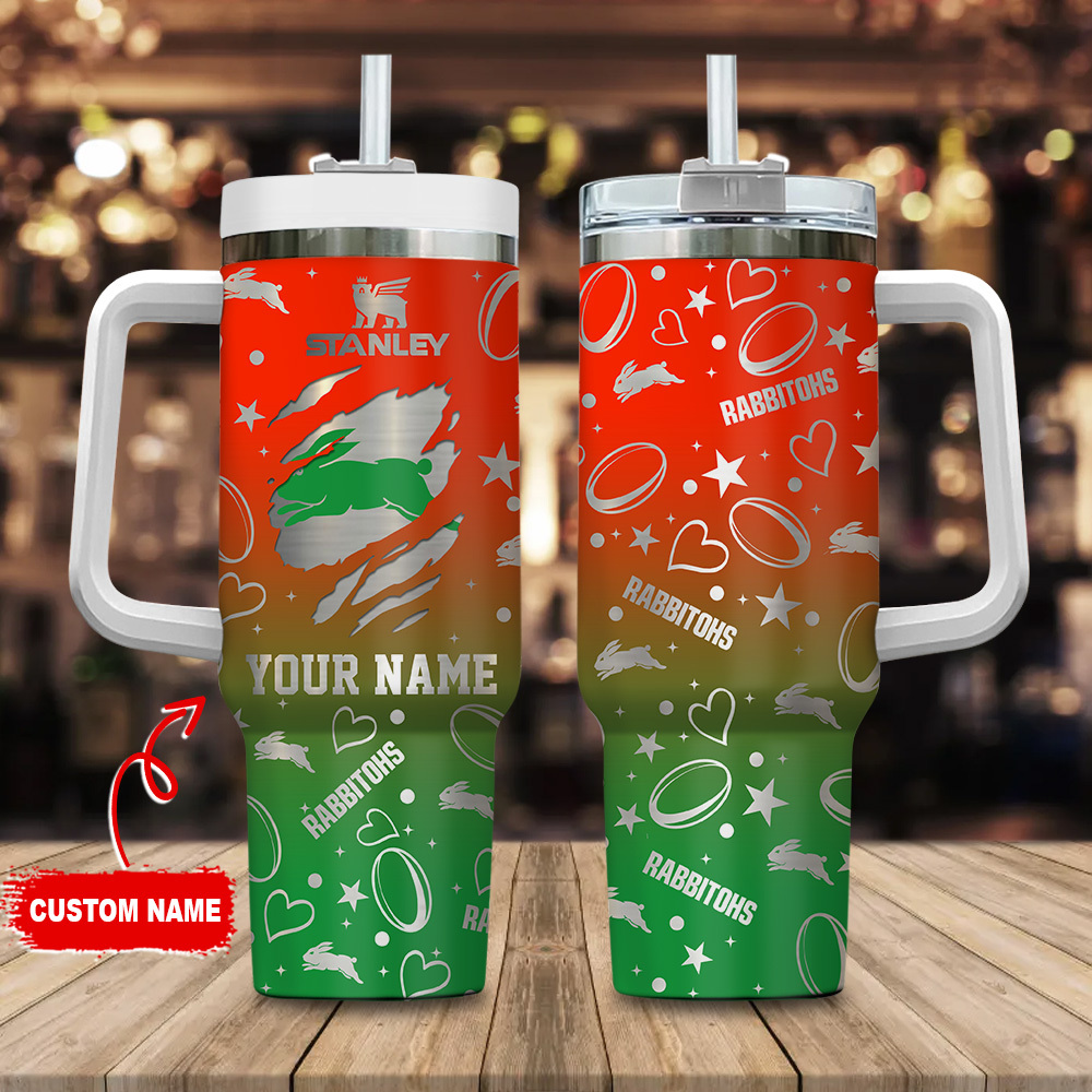 South Sydney Rabbitohs NRL Silver Logo Custom Stanley Quencher 40oz Stainless Steel Tumbler With Handle