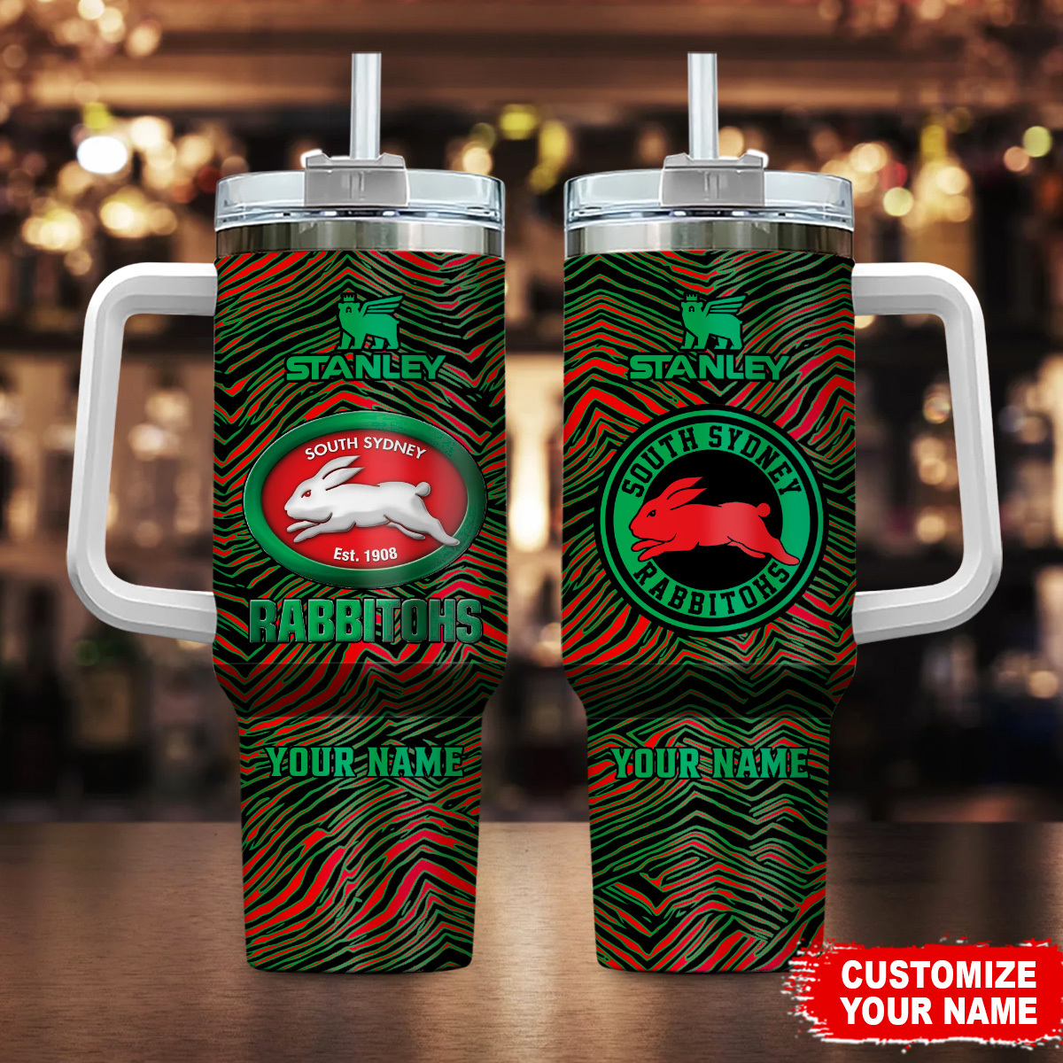 South Sydney Rabbitohs NRL Zubaz Print Custom Stanley Quencher 40oz Stainless Steel Tumbler With Handle