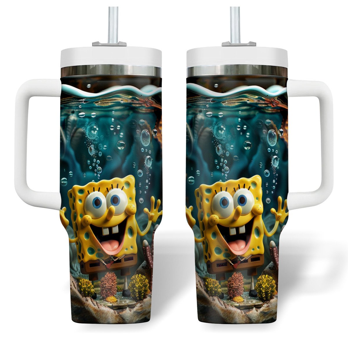 SpongeBob SquarePants Cartoon Custom Stanley Quencher 40oz Stainless Steel Tumbler With Handle