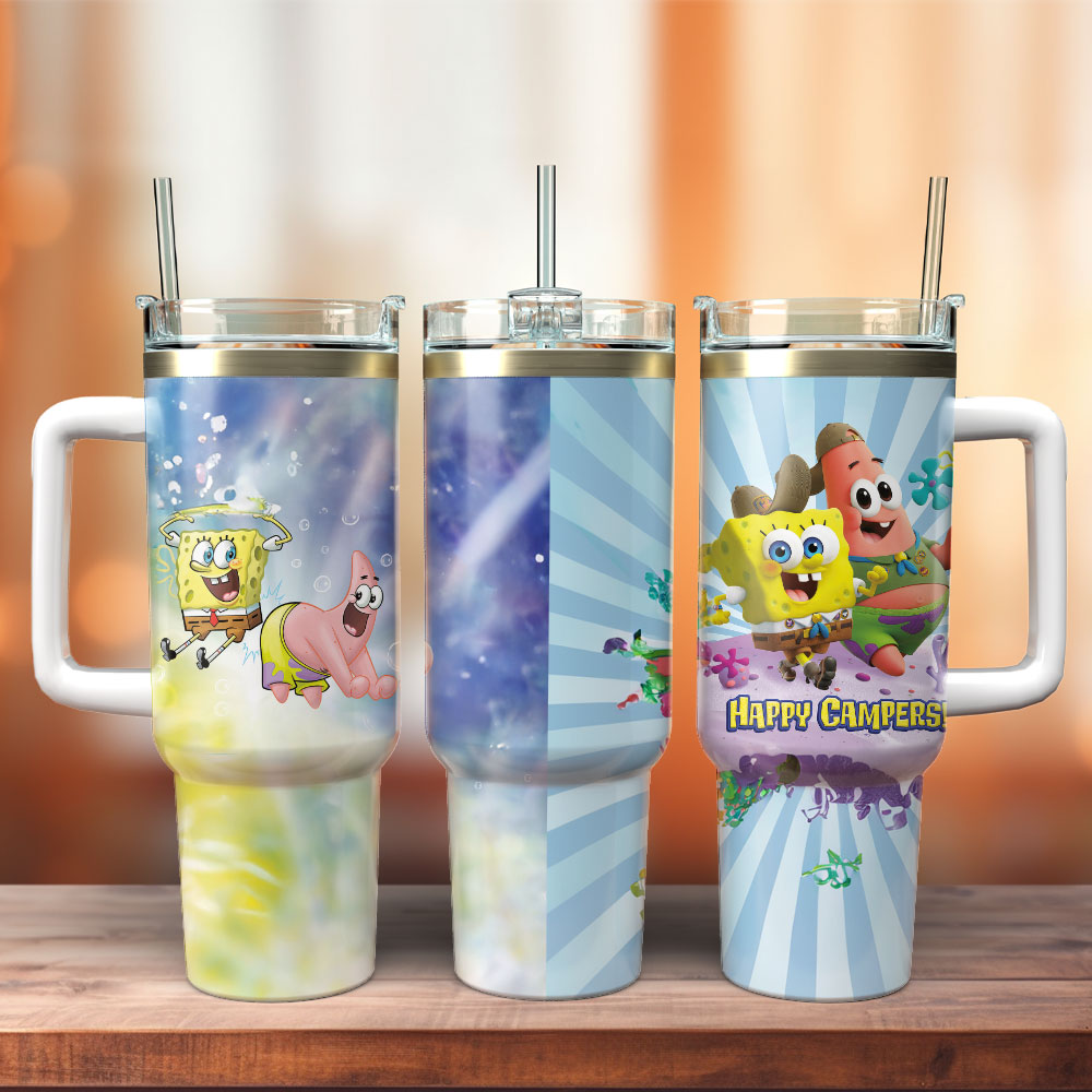 SpongeBob SquarePants Cartoon Custom Stanley Quencher 40oz Stainless Steel Tumbler With Handle
