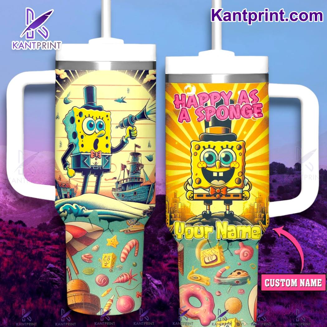 SpongeBob SquarePants Cartoon Custom Stanley Quencher 40oz Stainless Steel Tumbler With Handle