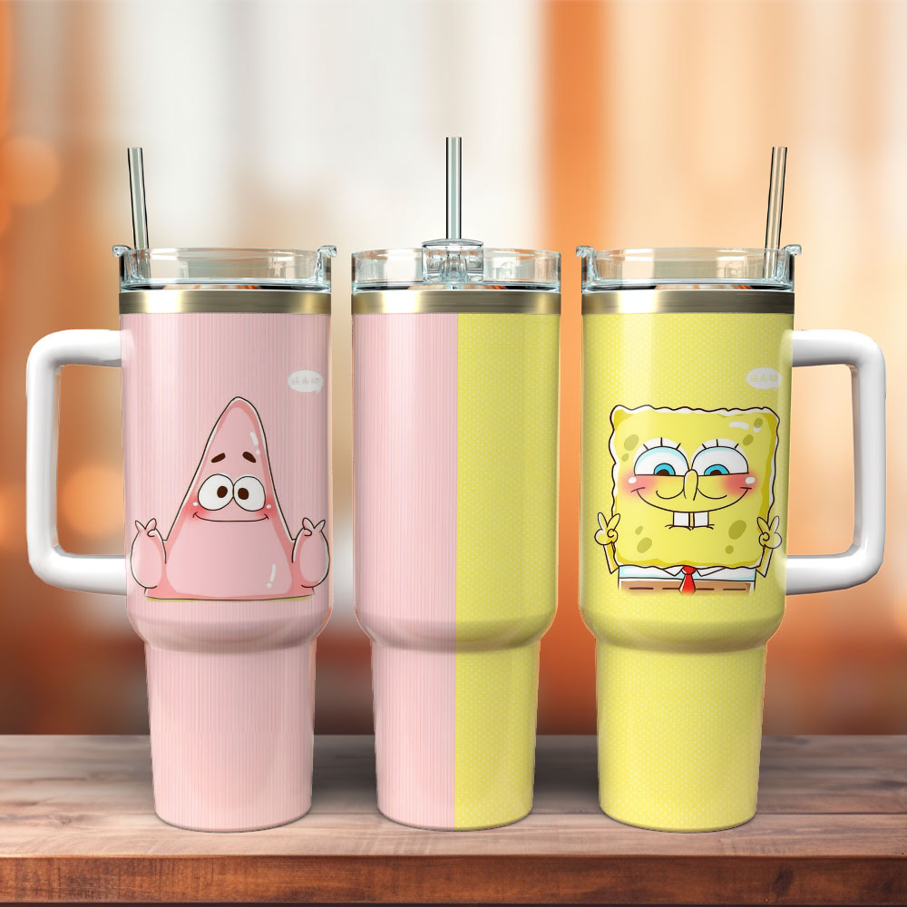 SpongeBob SquarePants Cartoon Custom Stanley Quencher 40oz Stainless Steel Tumbler With Handle