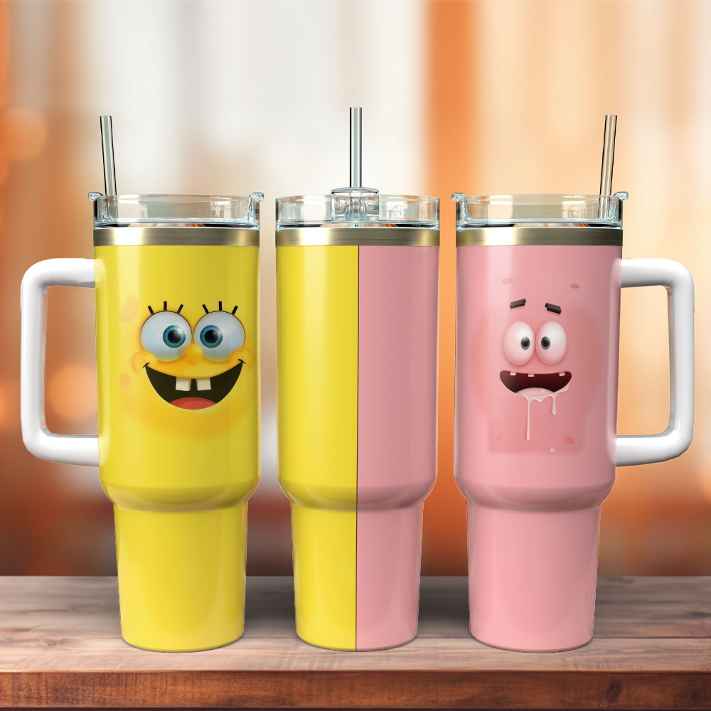 SpongeBob SquarePants Cartoon Custom Stanley Quencher 40oz Stainless Steel Tumbler With Handle