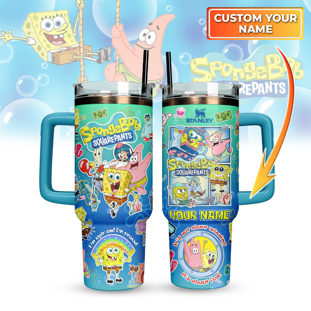 SpongeBob SquarePants Custom Stanley Quencher 40oz Stainless Steel Tumbler With Handle