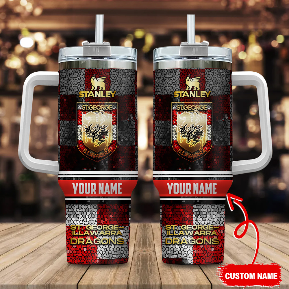 St. George Illawarra Dragons NRL Golden Logo Stained Glass Effect Custom Stanley Quencher 40oz Stainless Steel Tumbler With Handle
