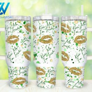 St. Patrick's Day Kiss Me Custom Stanley Quencher 40oz Stainless Steel Tumbler With Handle