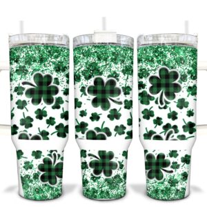 St Patricks Day Lucky Clover Custom Stanley Quencher 40oz Stainless Steel Tumbler With Handle