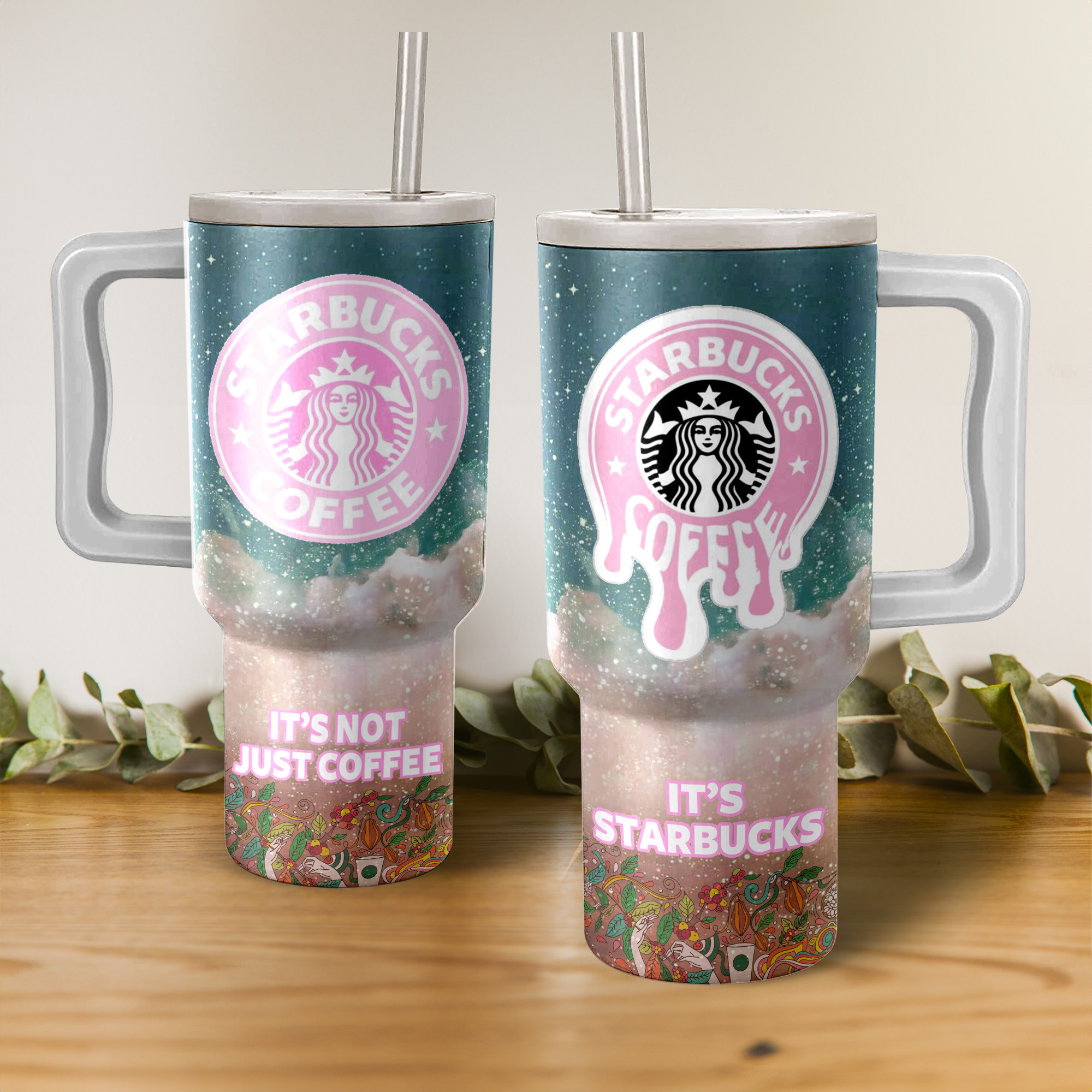 Starbucks Coffee Glitter Custom Stanley Quencher 40oz Stainless Steel Tumbler With Handle