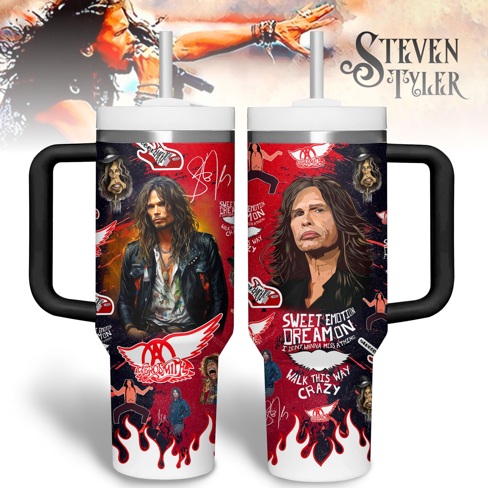 Steven Tyler Music Custom Stanley Quencher 40oz Stainless Steel Tumbler With Handle