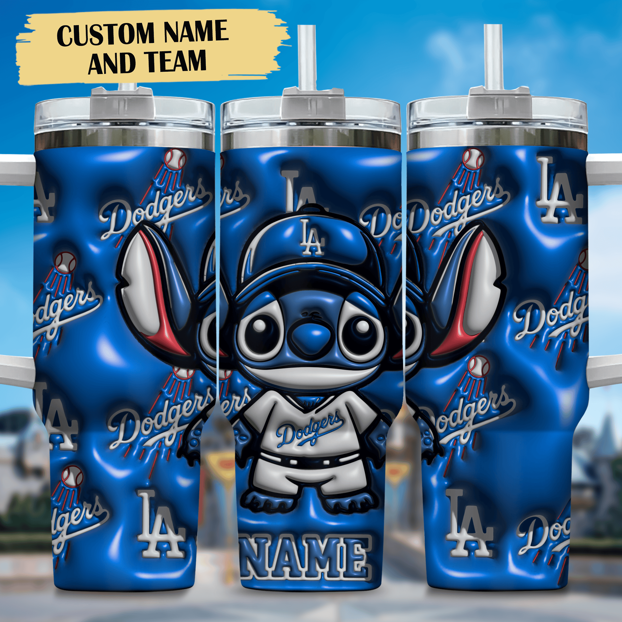 Stitch and Los Angeles Dodgers Cartoon,MLB Custom Stanley Quencher 40oz Stainless Steel Tumbler With Handle