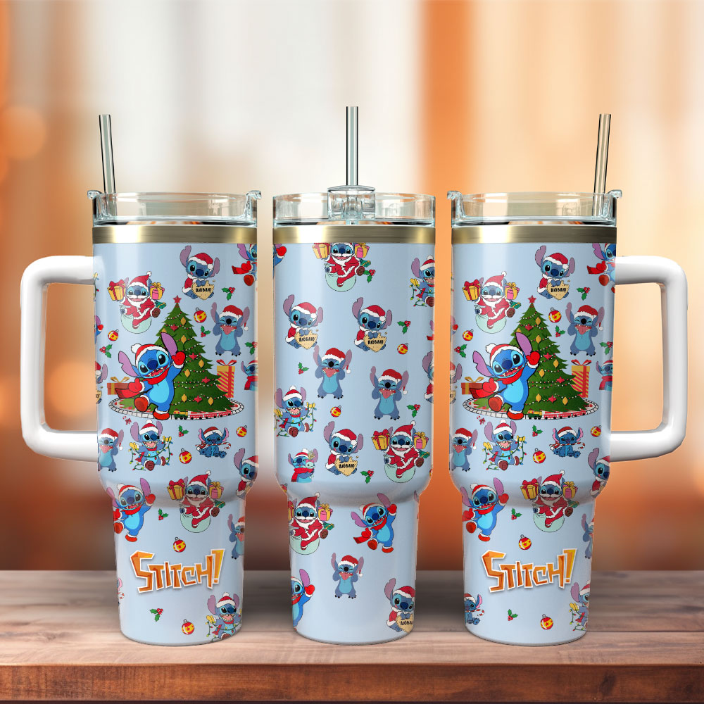 Stitch Cartoon Christmas Custom Stanley Quencher 40oz Stainless Steel Tumbler With Handle