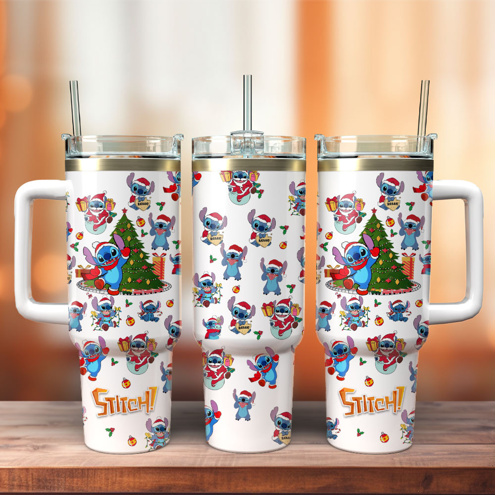 Stitch Cartoon Christmas Custom Stanley Quencher 40oz Stainless Steel Tumbler With Handle