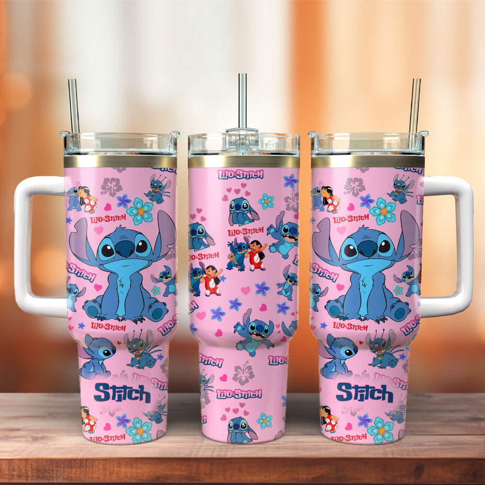 Stitch Cartoon Custom Stanley Quencher 40oz Stainless Steel Tumbler With Handle