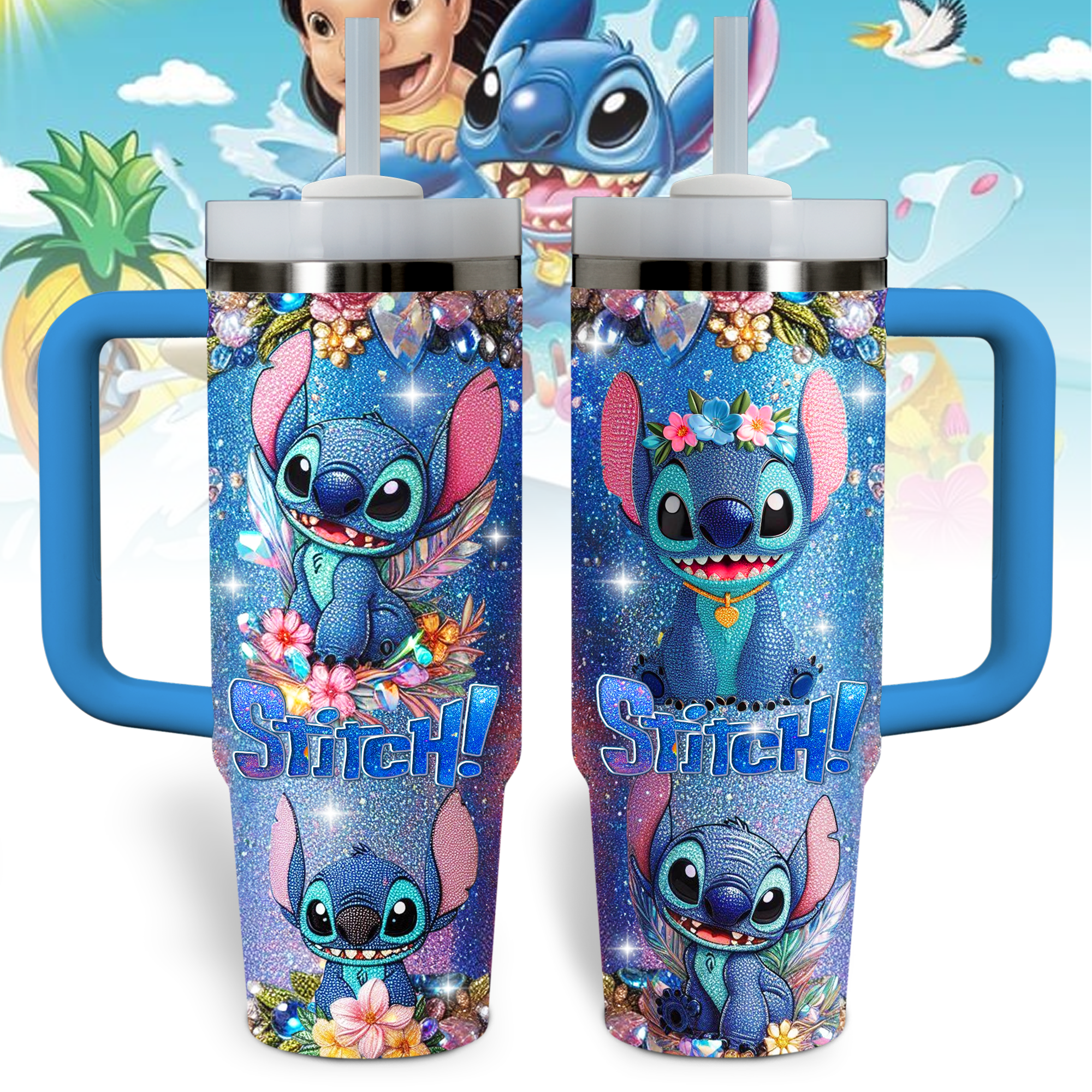 Stitch Cartoon Custom Stanley Quencher 40oz Stainless Steel Tumbler With Handle