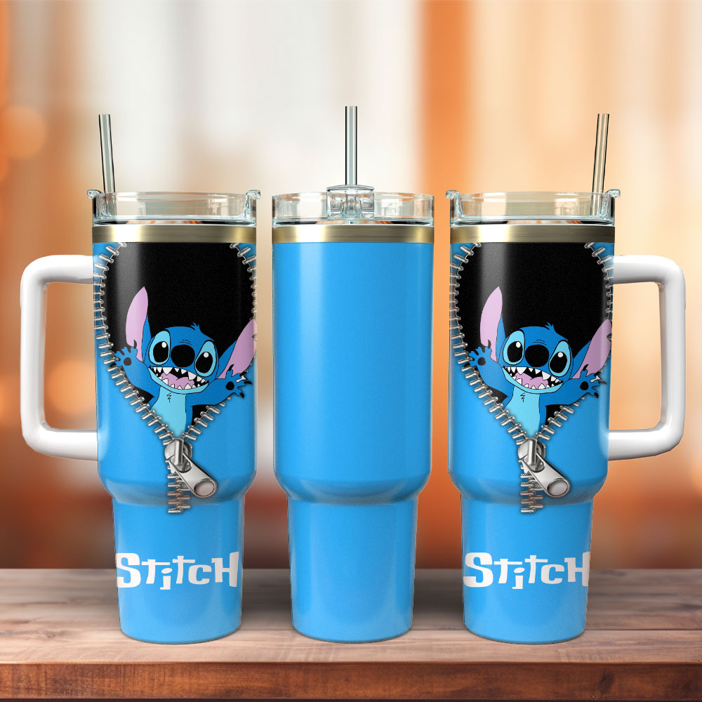 Stitch Cartoon Custom Stanley Quencher 40oz Stainless Steel Tumbler With Handle