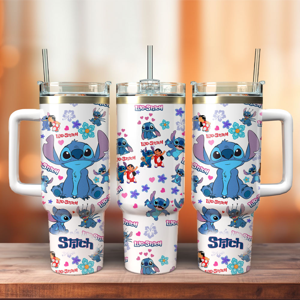 Stitch Cartoon Custom Stanley Quencher 40oz Stainless Steel Tumbler With Handle