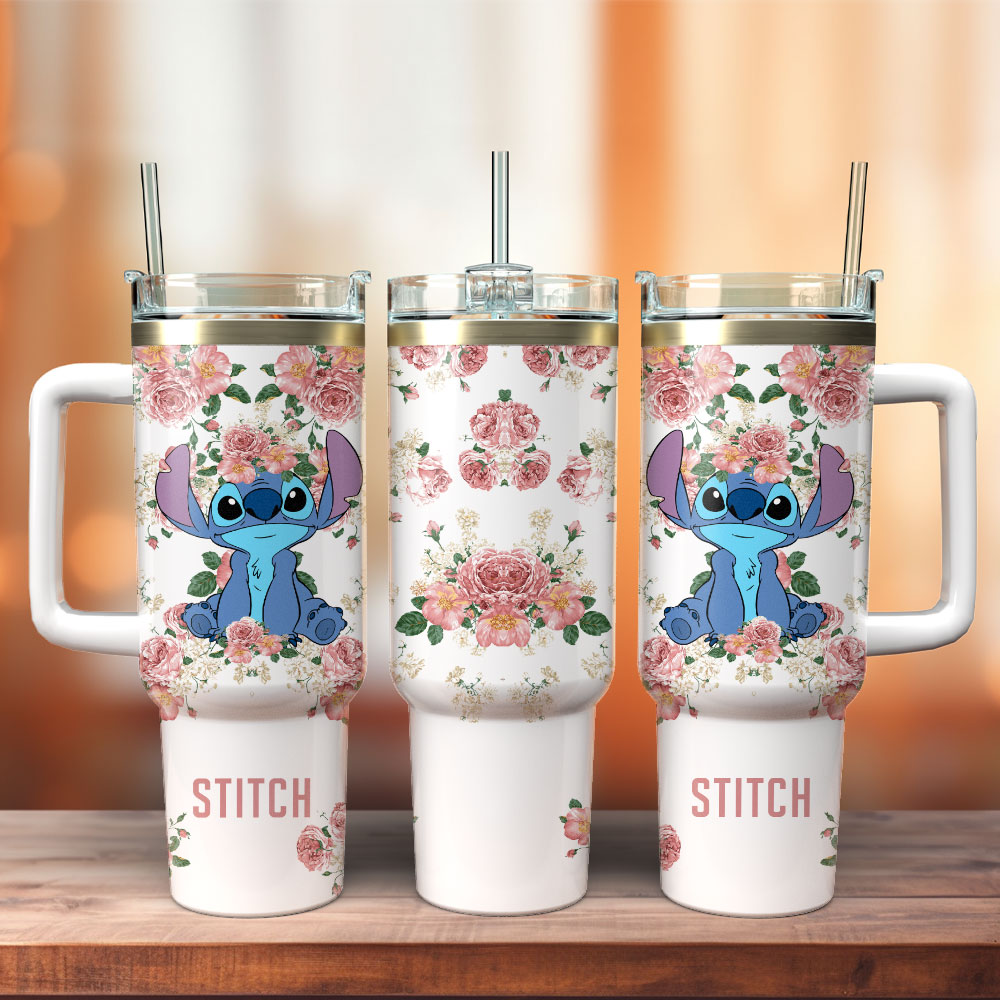 Stitch Cartoon Custom Stanley Quencher 40oz Stainless Steel Tumbler With Handle