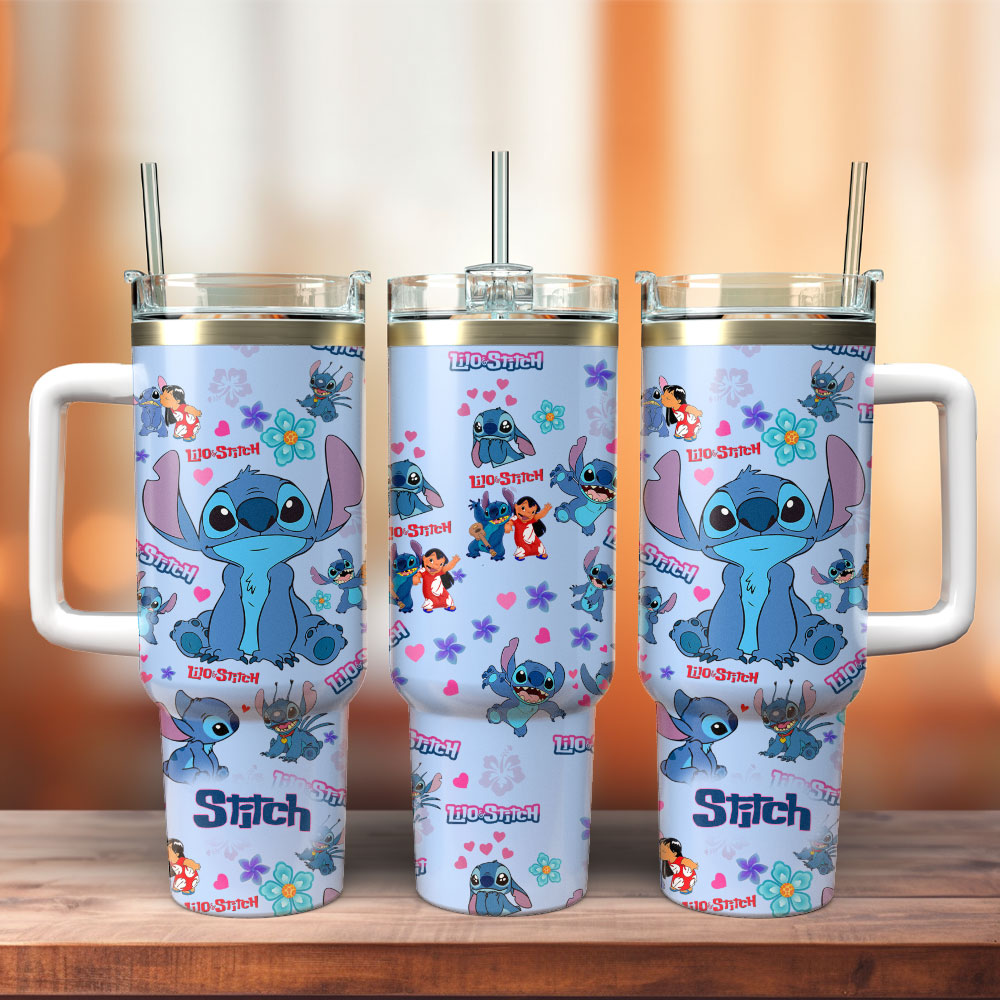 Stitch Cartoon Custom Stanley Quencher 40oz Stainless Steel Tumbler With Handle