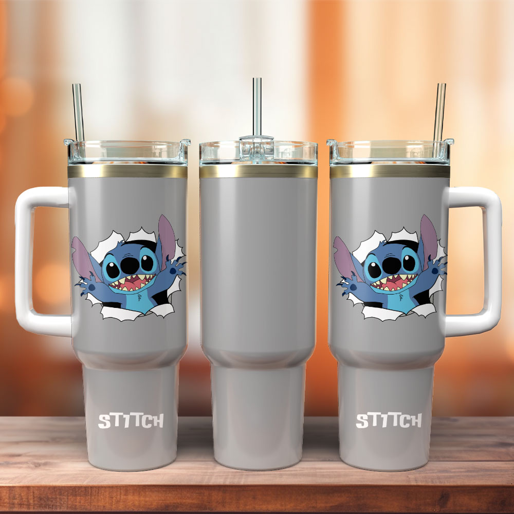 Stitch Cartoon Custom Stanley Quencher 40oz Stainless Steel Tumbler With Handle