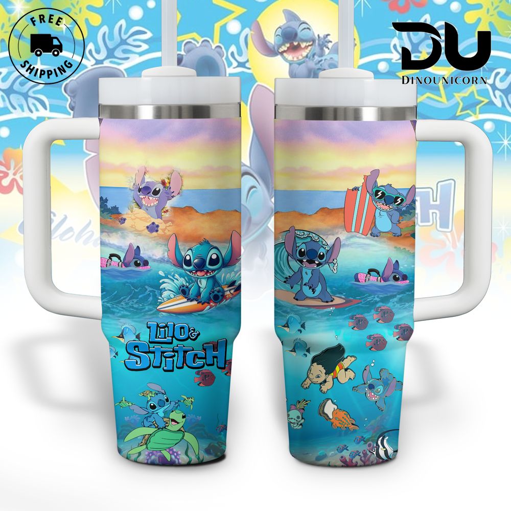 Stitch Cartoon Custom Stanley Quencher 40oz Stainless Steel Tumbler With Handle