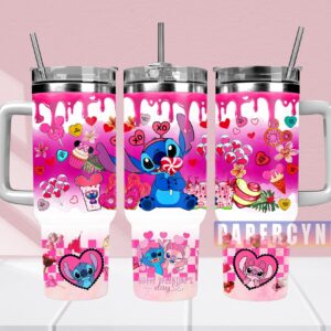 Stitch Couple Valentine Custom Stanley Quencher 40oz Stainless Steel Tumbler With Handle