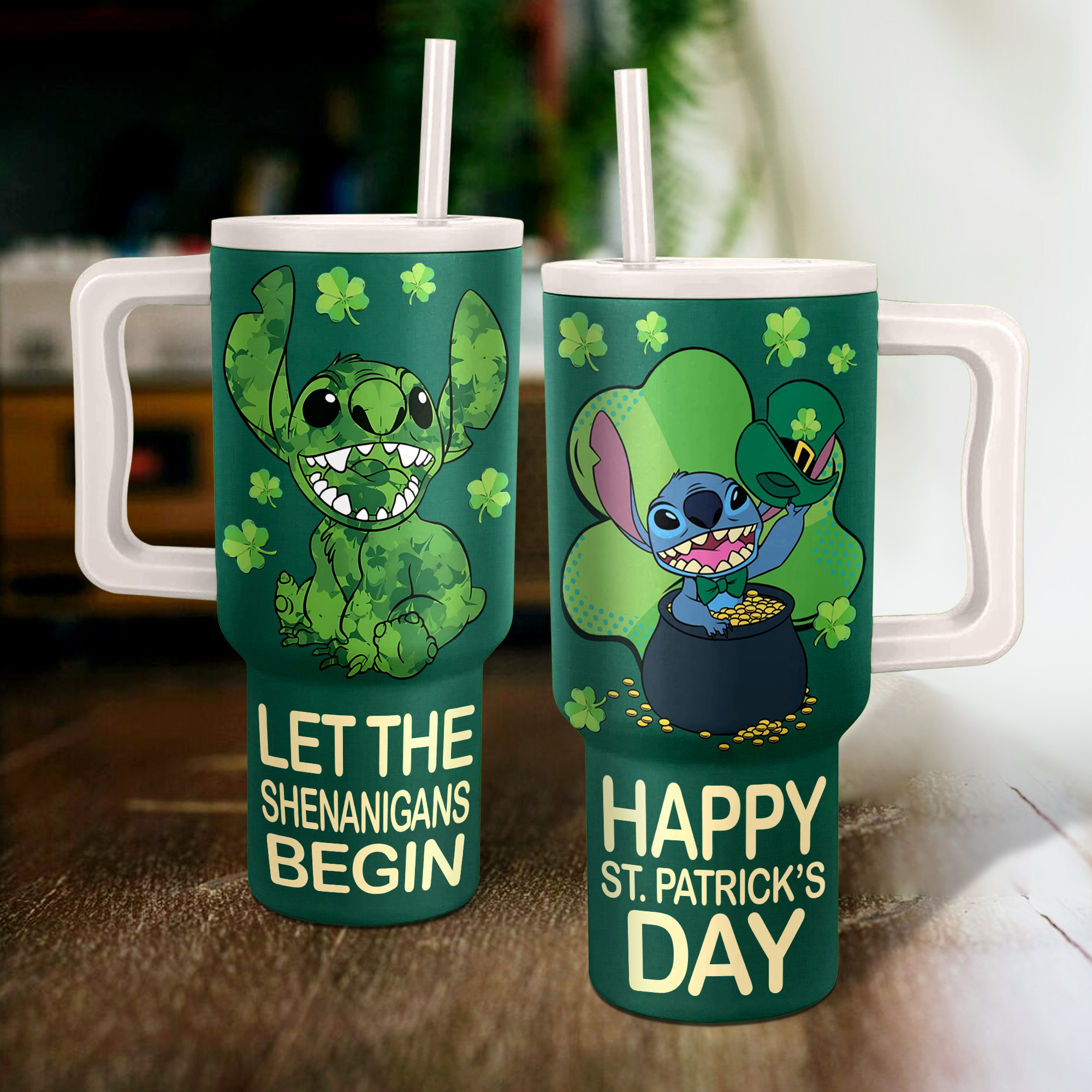 Stitch St. Patrick's Day Disney Cartoon Custom Stanley Quencher 40oz Stainless Steel Tumbler With Handle