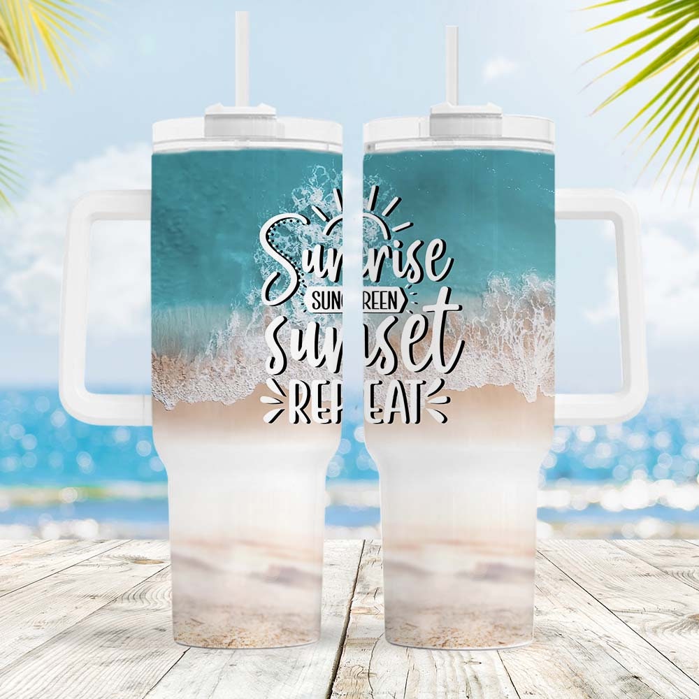 Summer Beach Vibes Custom Stanley Quencher 40oz Stainless Steel Tumbler With Handle