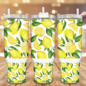 Summer Lemon Print Custom Stanley Quencher 40oz Stainless Steel Tumbler With Handle
