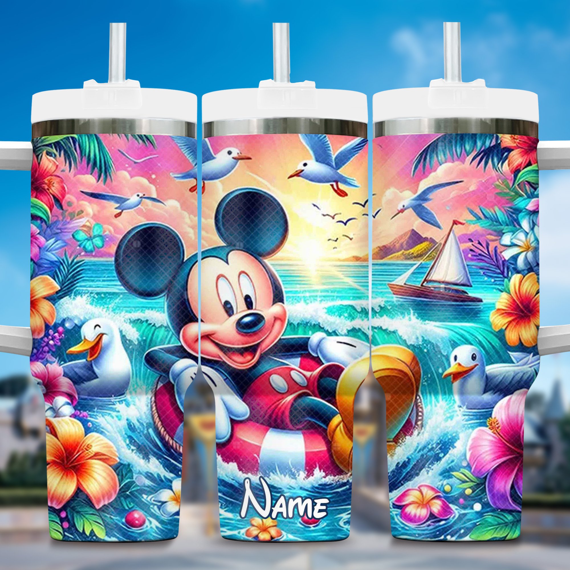 Summer Pool Cartoon Custom Stanley Quencher 40oz Stainless Steel Tumbler With Handle