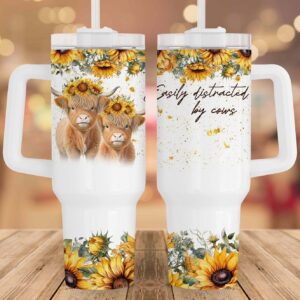 Sunflower Baby Highland Cow Custom Stanley Quencher 40oz Stainless Steel Tumbler With Handle