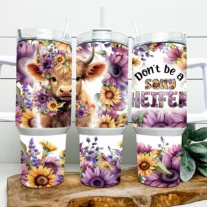 Sunflower Baby Highland Cow Custom Stanley Quencher 40oz Stainless Steel Tumbler With Handle