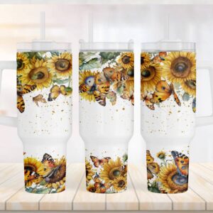 Sunflower Butterflies Custom Stanley Quencher 40oz Stainless Steel Tumbler With Handle