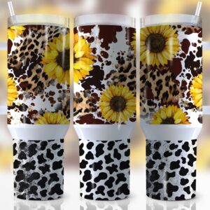 Sunflower Leopard Print Custom Stanley Quencher 40oz Stainless Steel Tumbler With Handle