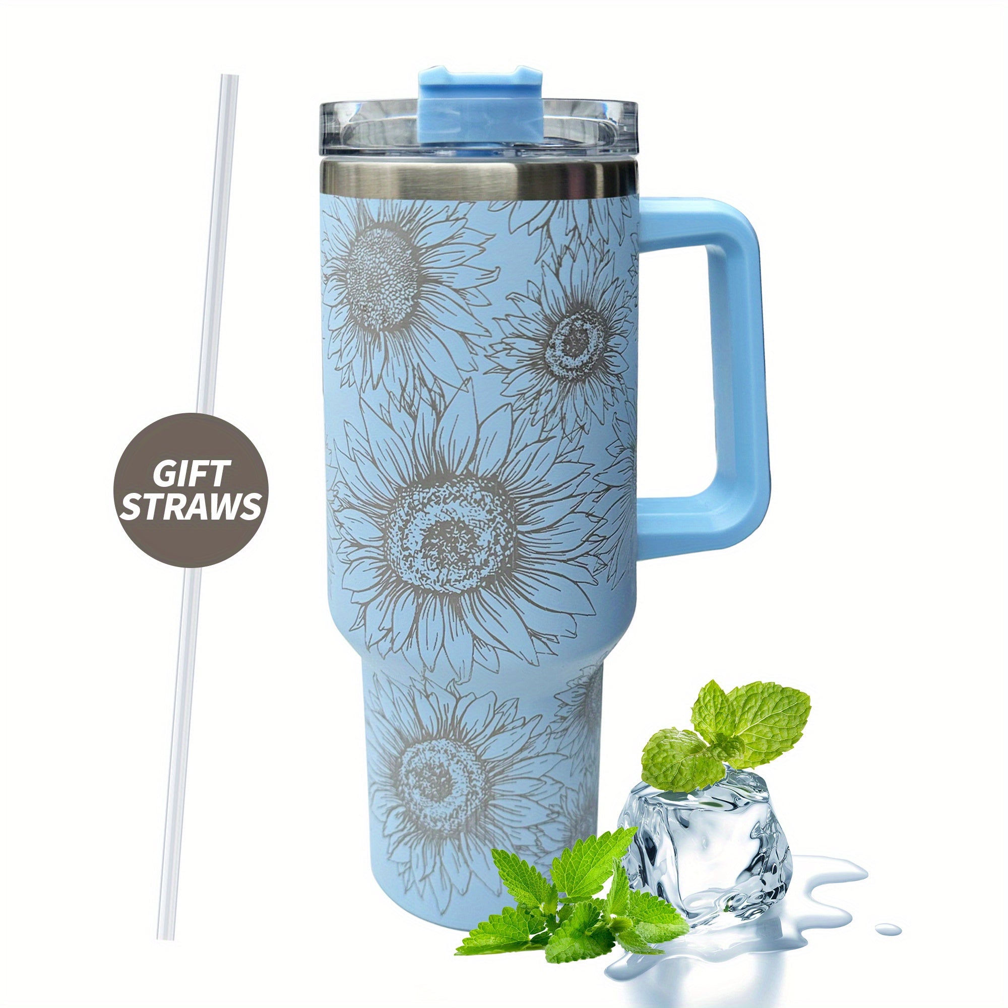 Sunflower Print Custom Stanley Quencher 40oz Stainless Steel Tumbler With Handle