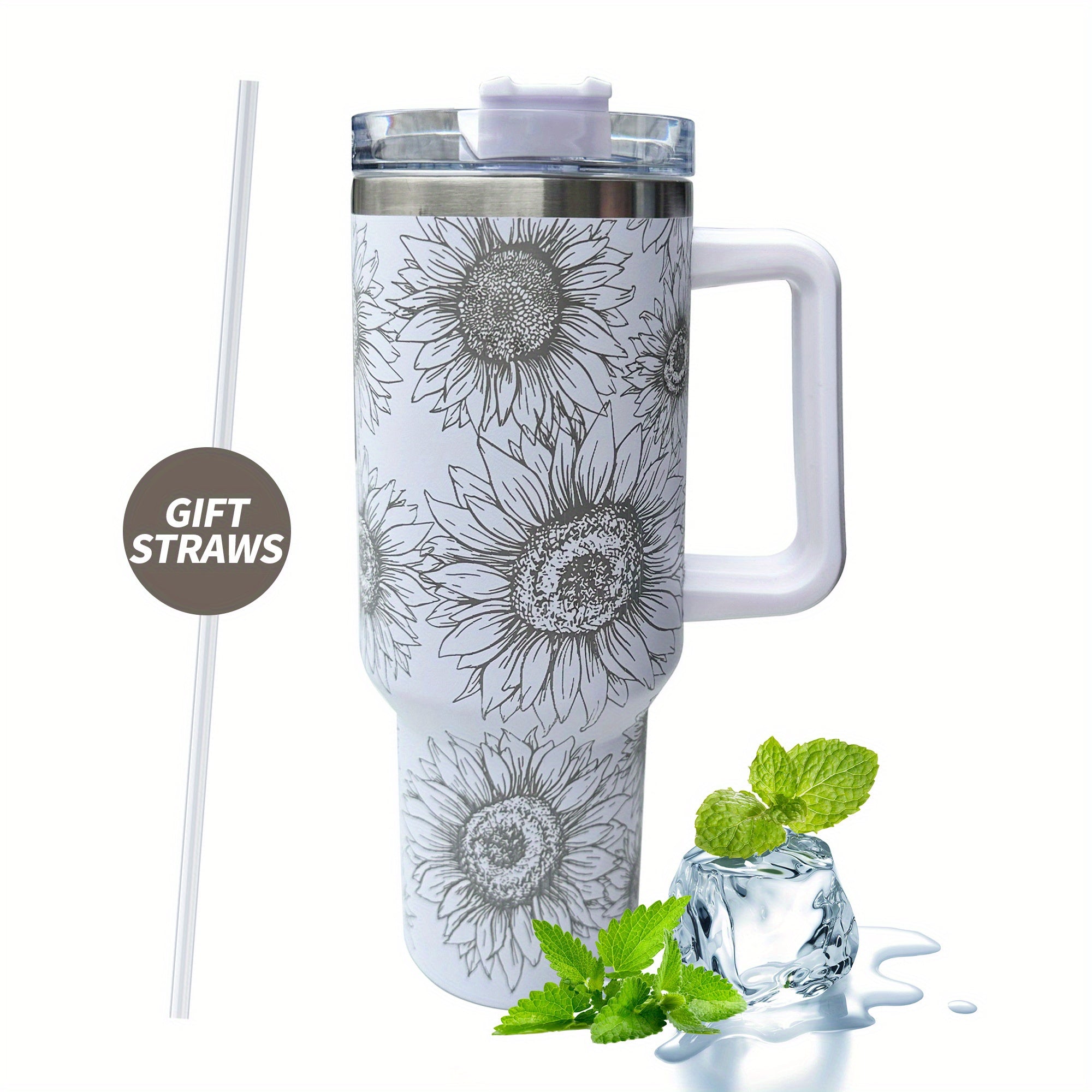 Sunflower Print Custom Stanley Quencher 40oz Stainless Steel Tumbler With Handle
