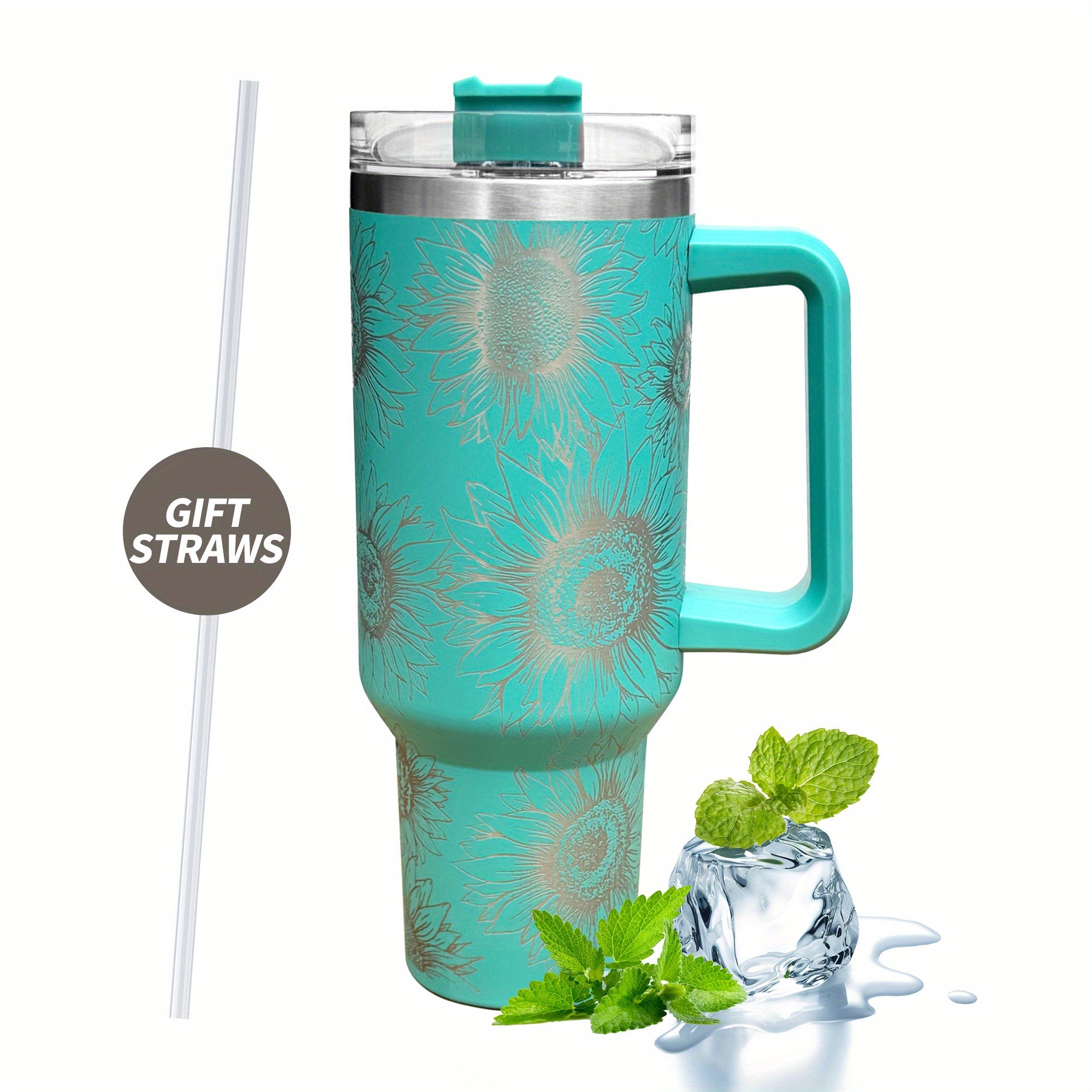 Sunflower Print Custom Stanley Quencher 40oz Stainless Steel Tumbler With Handle