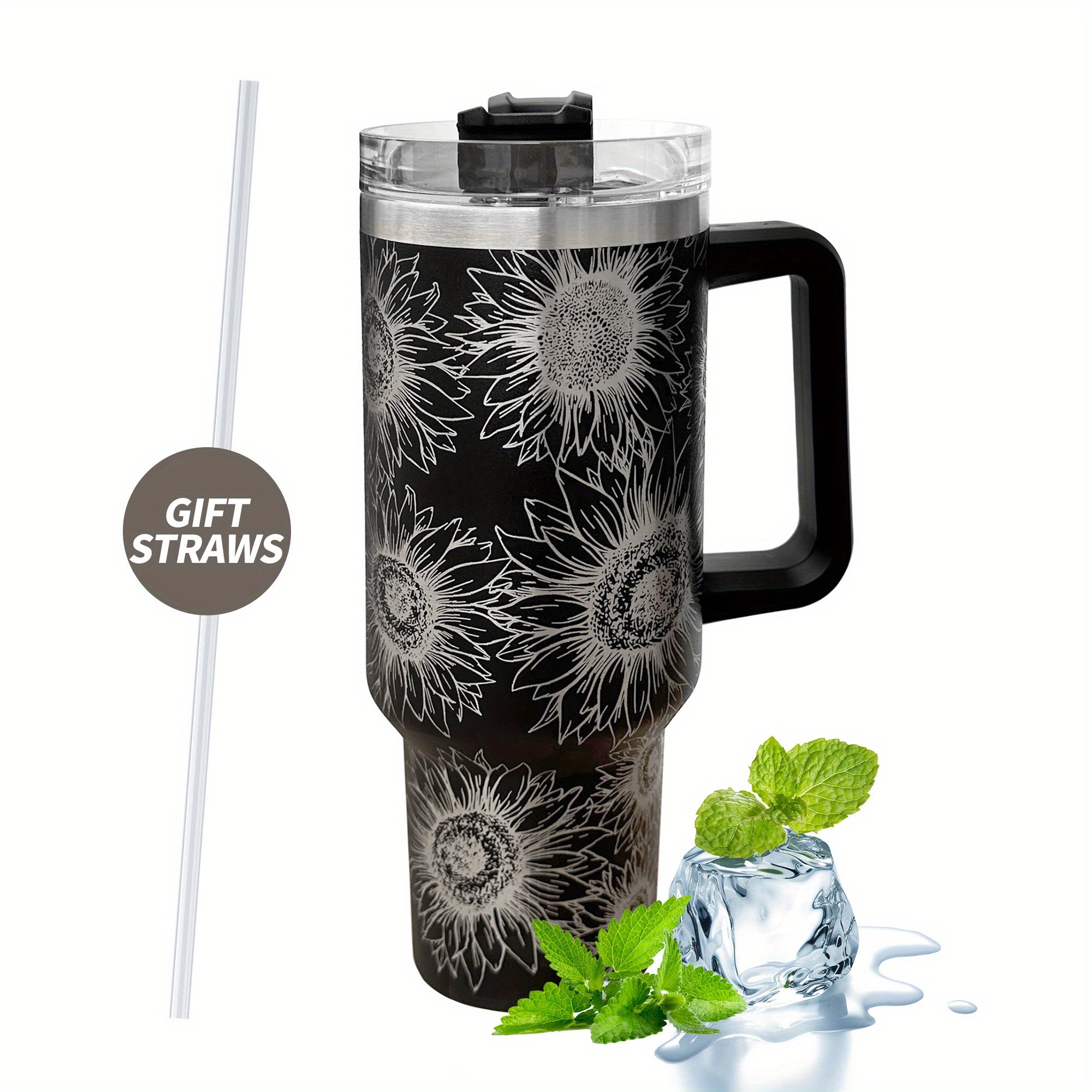 Sunflower Print Custom Stanley Quencher 40oz Stainless Steel Tumbler With Handle