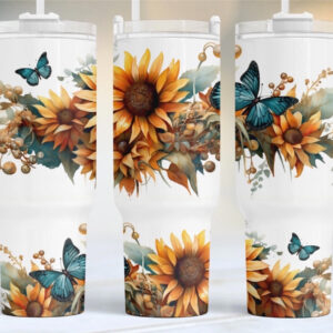 Sunflowers And Butterflies Custom Stanley Quencher 40oz Stainless Steel Tumbler With Handle