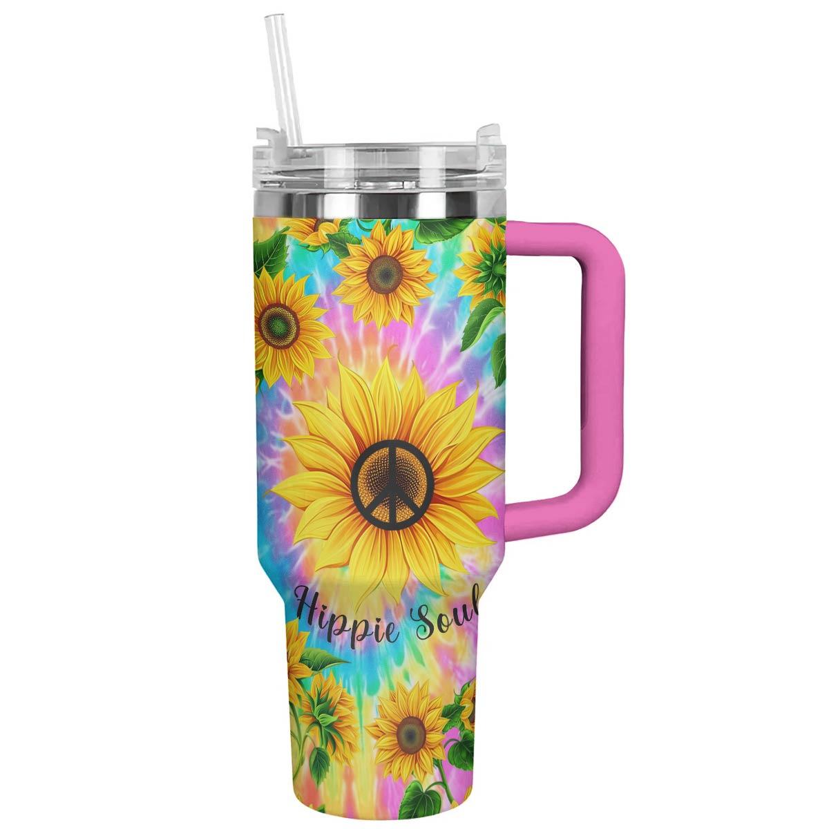 Sunshine Peace Flower Custom Stanley Quencher 40oz Stainless Steel Tumbler With Handle