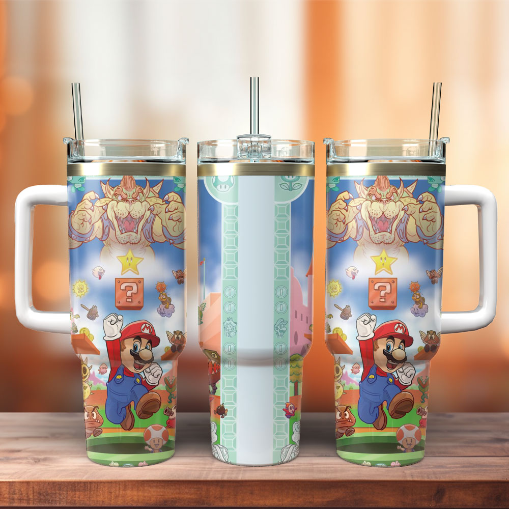 Super Mario Bros Game Movie Custom Stanley Quencher 40oz Stainless Steel Tumbler With Handle