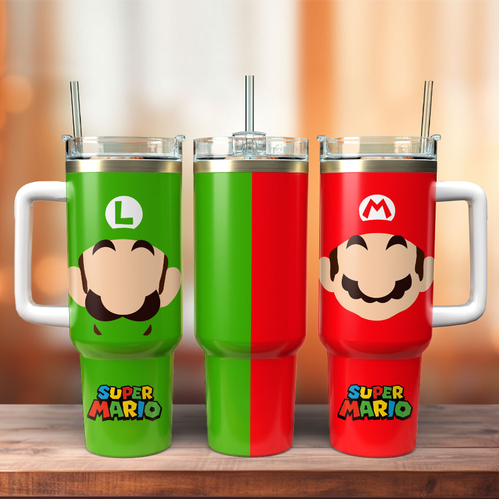 Super Mario Cartoon Games Custom Stanley Quencher 40oz Stainless Steel Tumbler With Handle