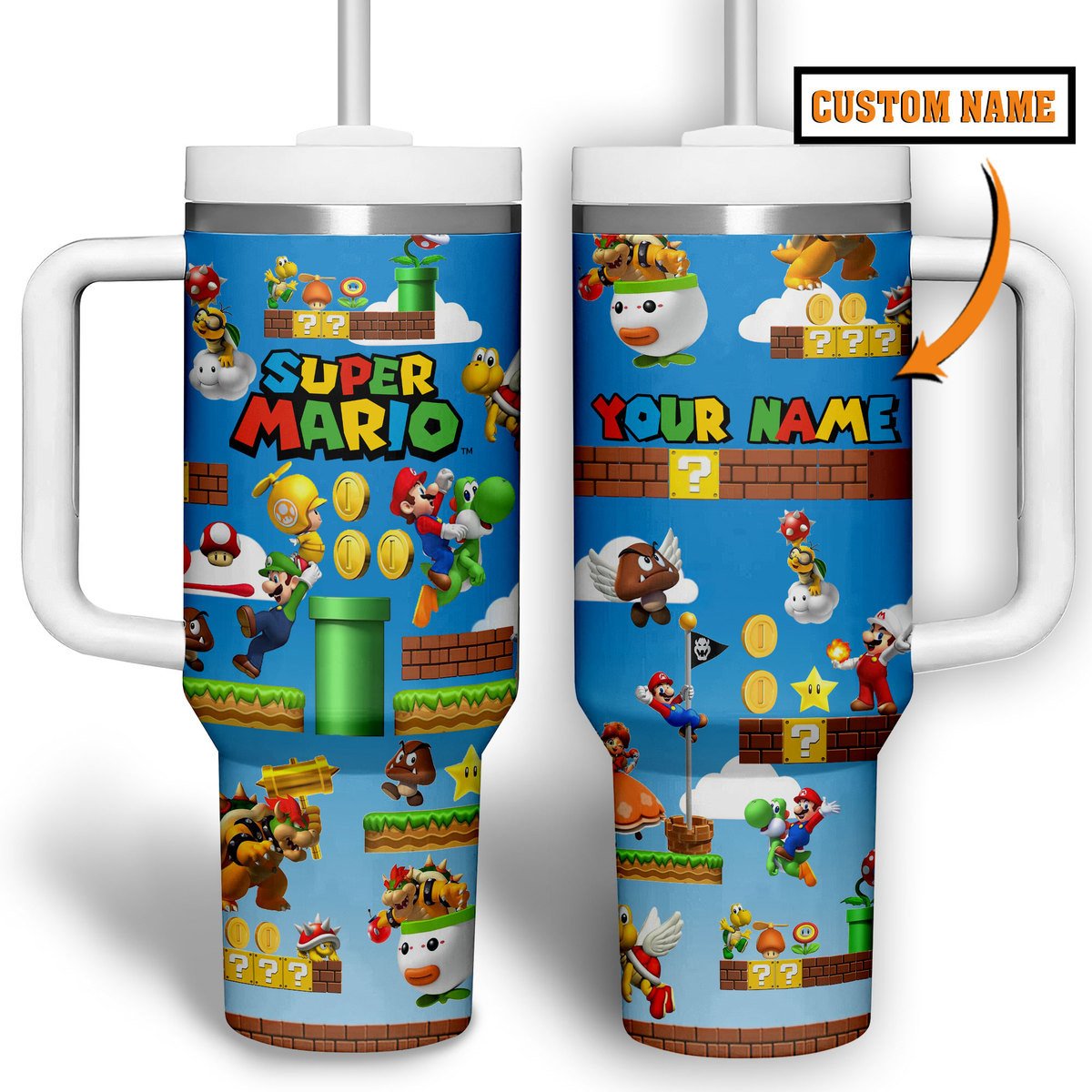 Super Mario Games Custom Stanley Quencher 40oz Stainless Steel Tumbler With Handle