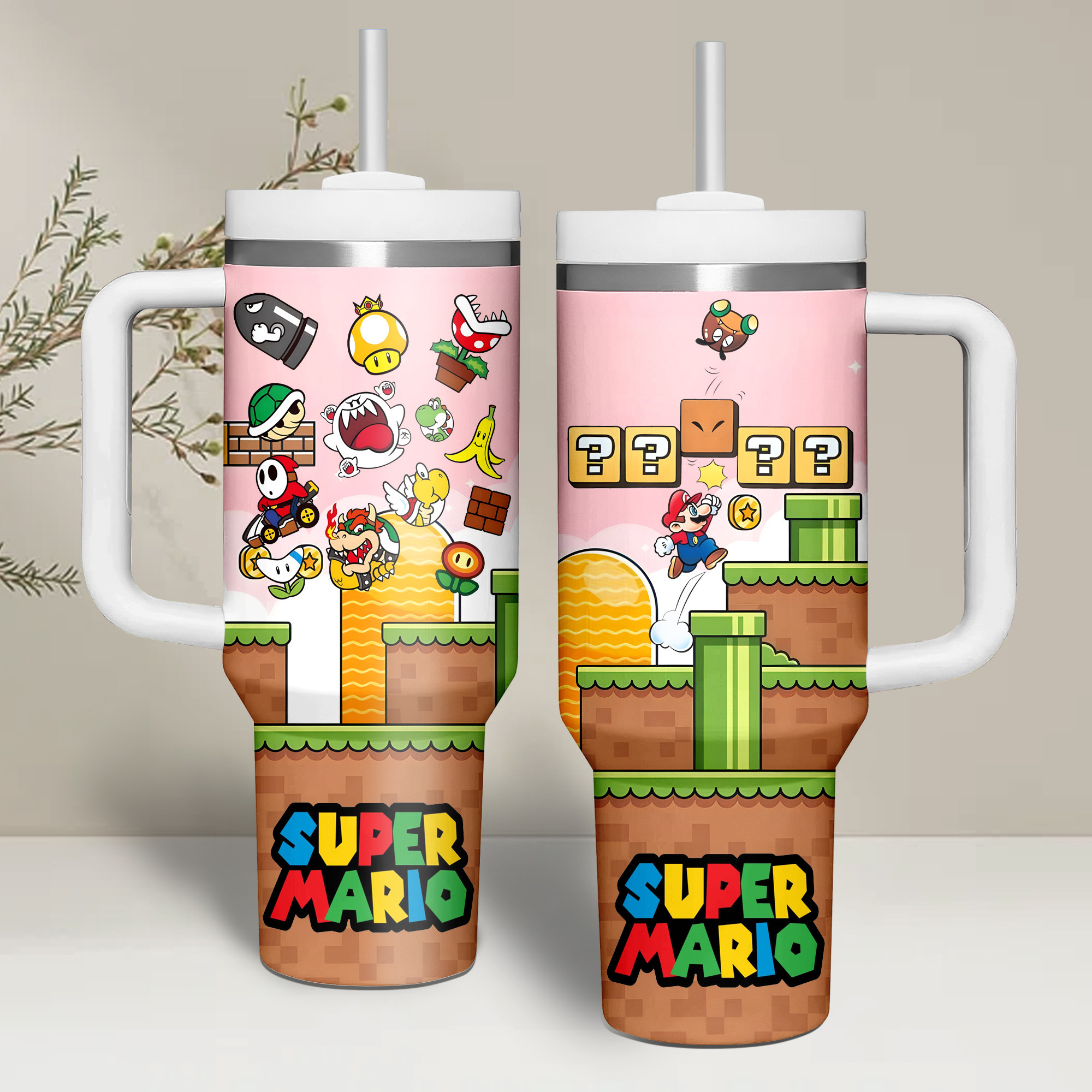 Super Mario Games Custom Stanley Quencher 40oz Stainless Steel Tumbler With Handle