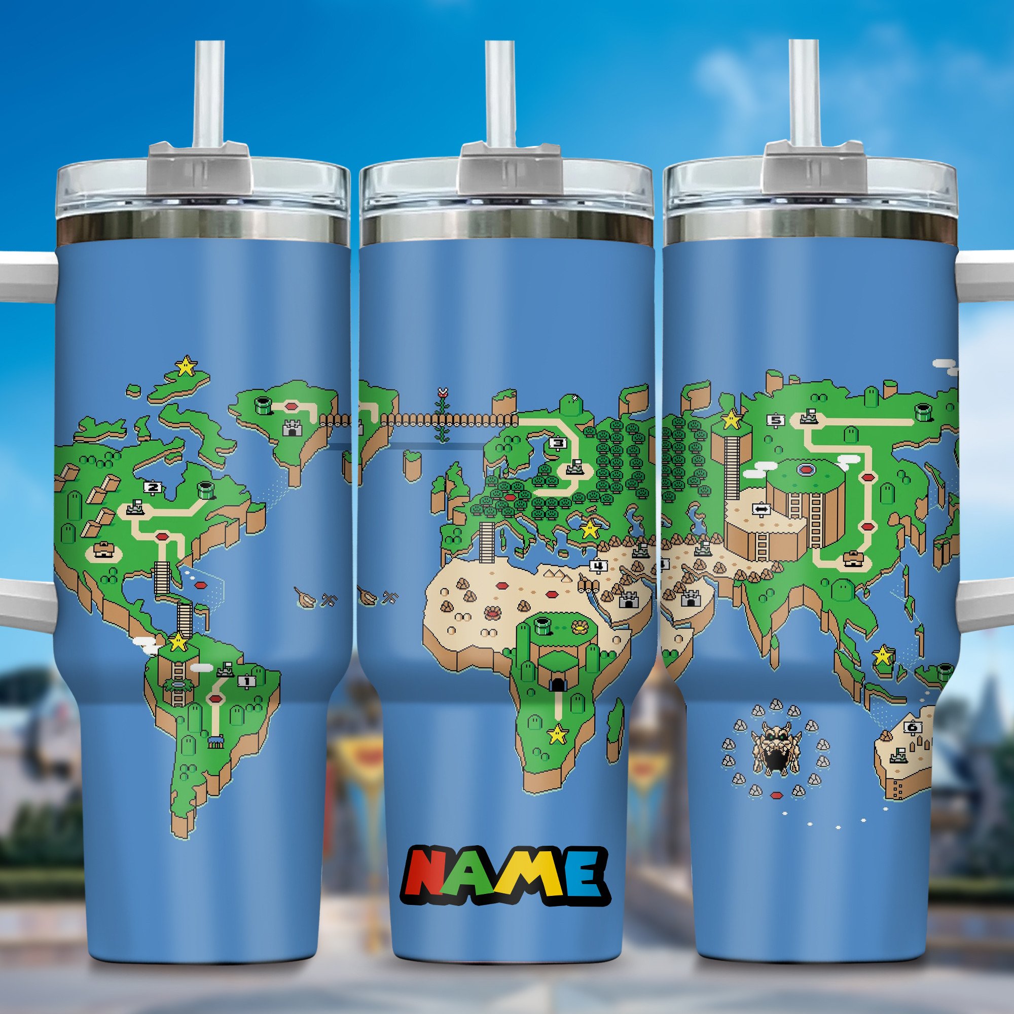 Super Mario Games Custom Stanley Quencher 40oz Stainless Steel Tumbler With Handle