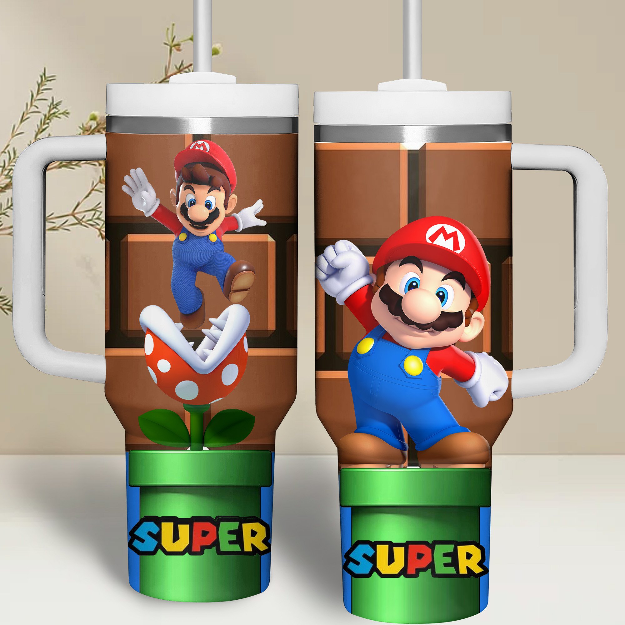 Super Mario Games Custom Stanley Quencher 40oz Stainless Steel Tumbler With Handle