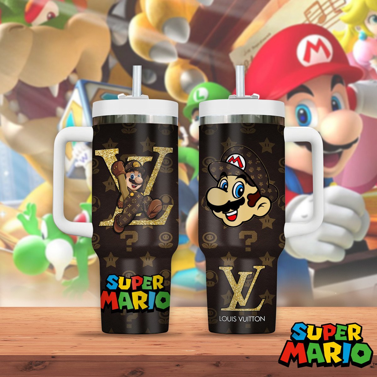 Super Mario Games Custom Stanley Quencher 40oz Stainless Steel Tumbler With Handle