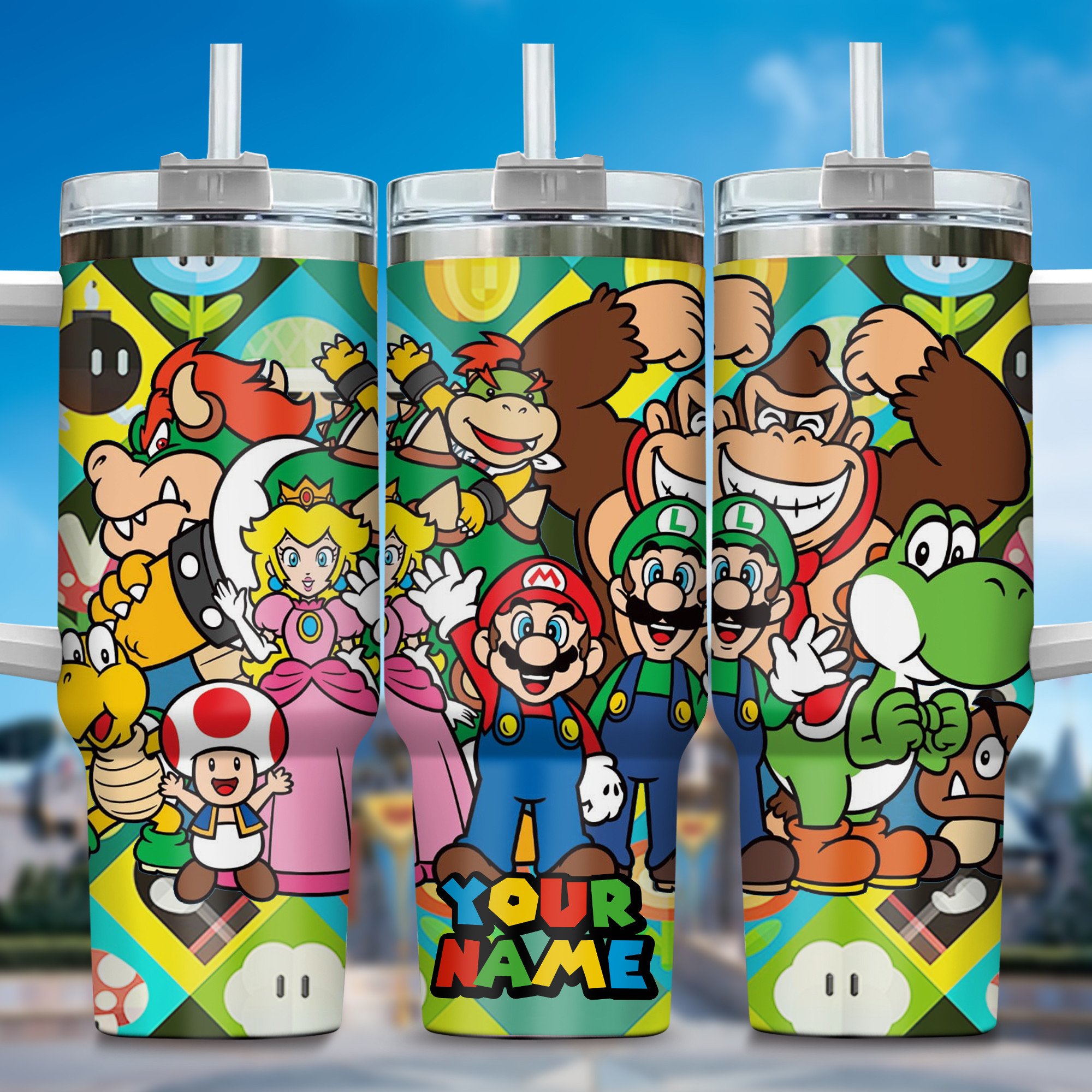 Super Mario Games Custom Stanley Quencher 40oz Stainless Steel Tumbler With Handle